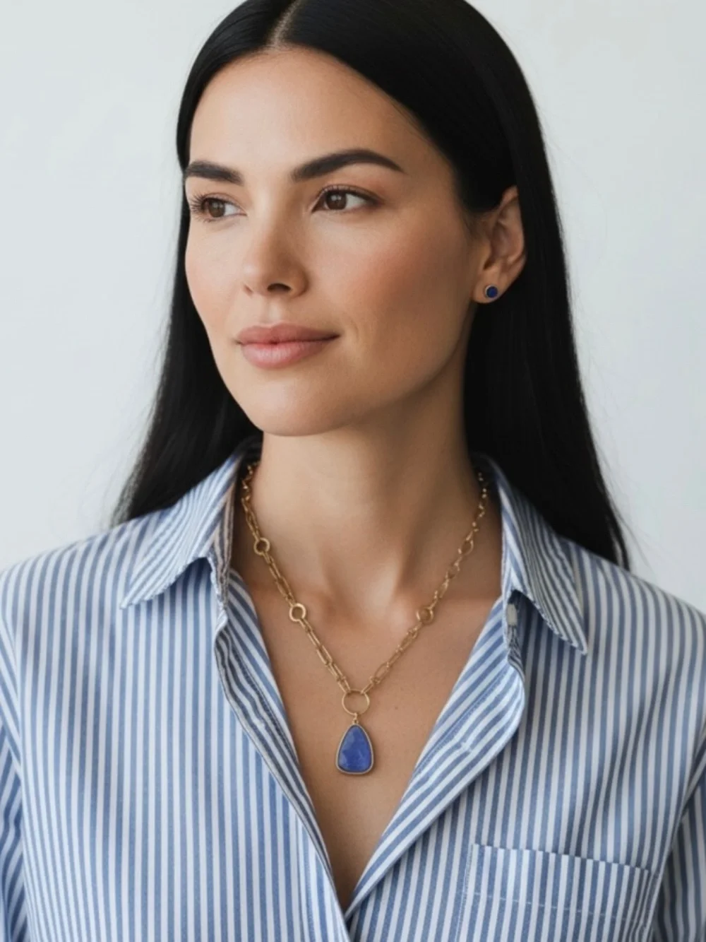 Goldtone Double Chain Necklace with a Blue Glass Pendant by Plunder Design - Picture 1 of 11